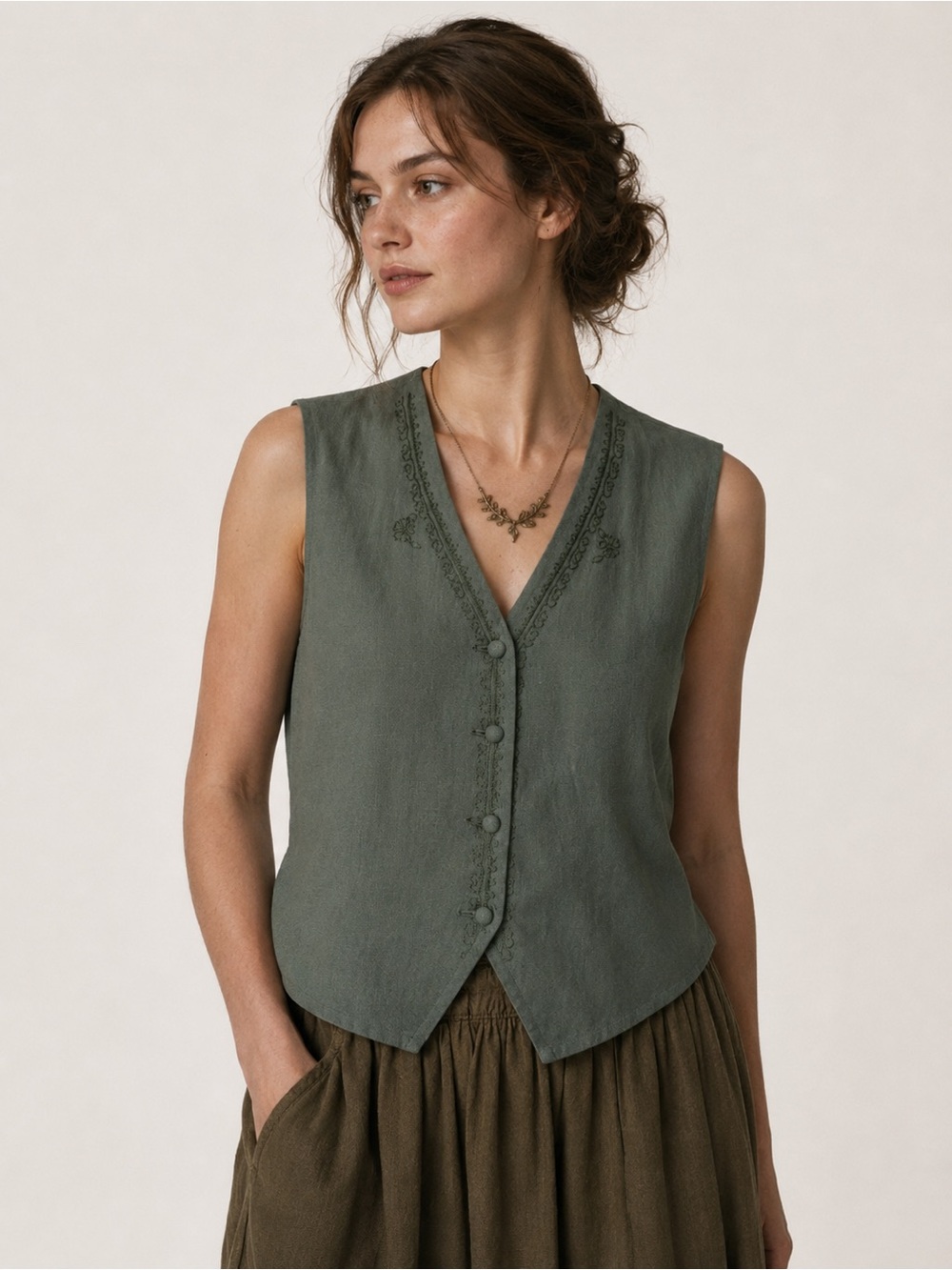 Vintage Goblincore Forest Green Embroidered Linen Blend Vest Earthy Boho Hobbit